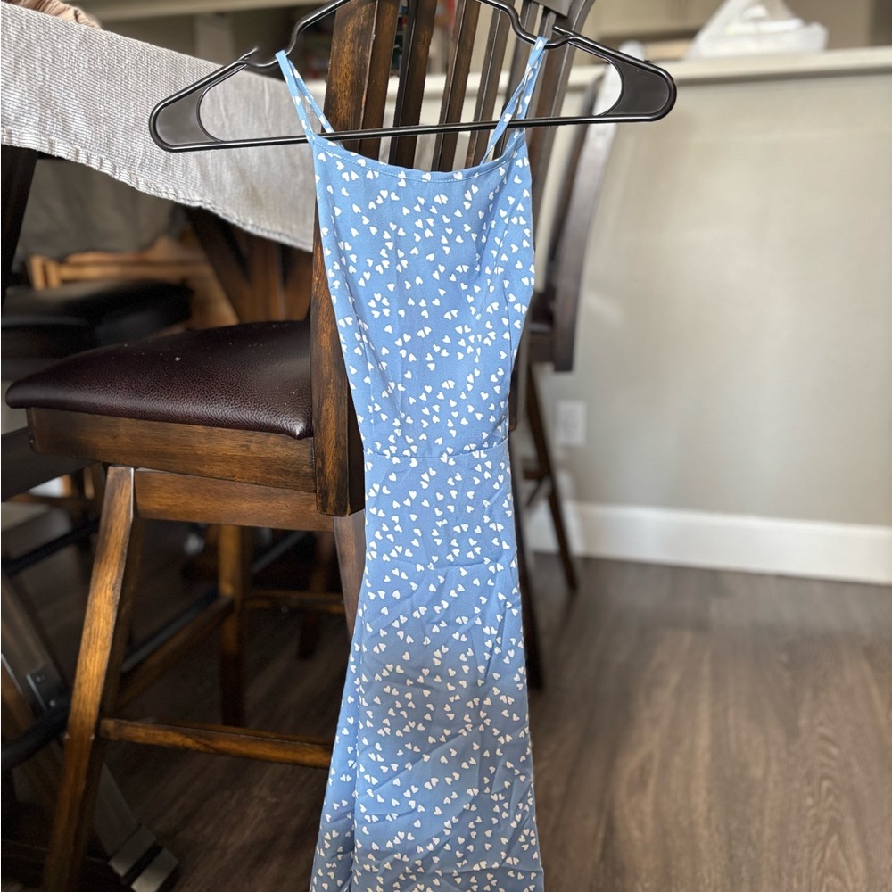 Blue Spaghetti Strap Dress with White Heart Pattern